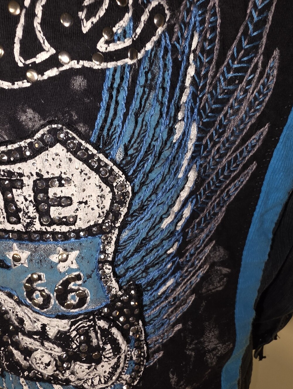 HAND CRAFTED Jean Jacket UPCYCLED Blue Jean Jacket Black Graphic Tee Size 18 - Picture 6 of 13
